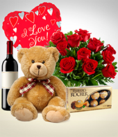 Flores : Argentina - Total Love Combo: 12 Roses Bouquet + Teddy Bear + Balloon + Wine + Chocolates